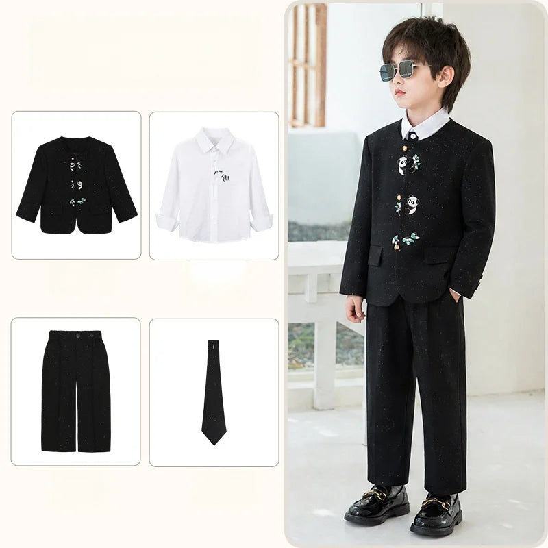 90-160 Kids New Chinese Tang Suit Hanfu Embroidery Suit Flower Boys Host Recitation Performance Costume