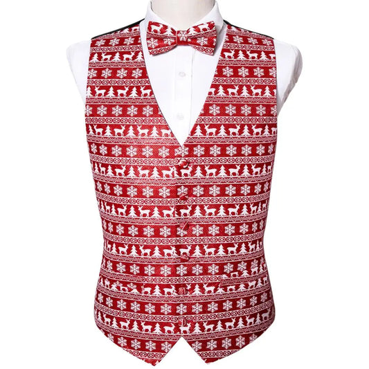 Men's Formal Vest Set with Tie & Bowtie – Red Christmas Snowflake & Elk Pattern for Weddings & Holiday Parties