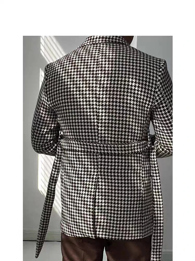 Men's Houndstooth Blazer Double Breasted Jacket for Party Prom Outwear Groom Business Tuxedos Wedding Men Suits Coat Only One