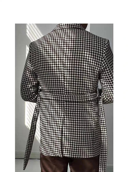 Men's Houndstooth Blazer Double Breasted Jacket for Party Prom Outwear Groom Business Tuxedos Wedding Men Suits Coat Only One