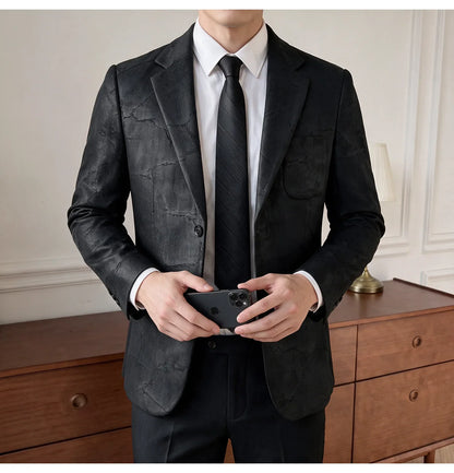 Men's Embossed Suede Blazer Smart Casual Single Breasted Jacket for Everyday Wear