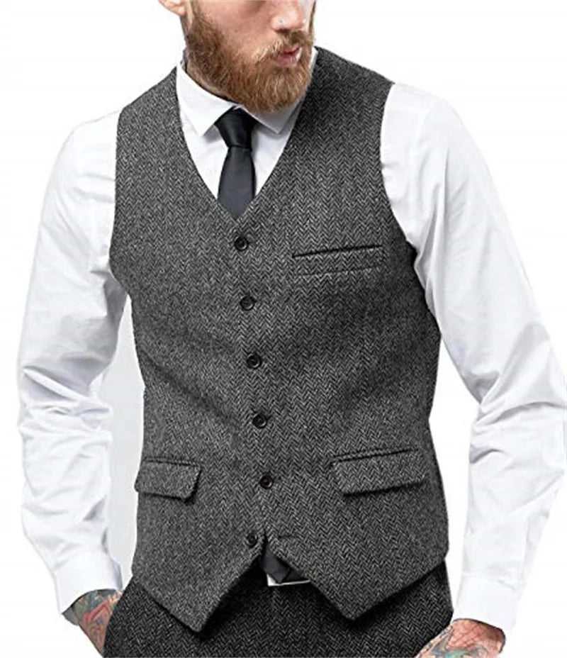 Men's Herringbone Waistcoat Single Breasted Slim Fit Suit Vest for Wedding & Formal Occasions