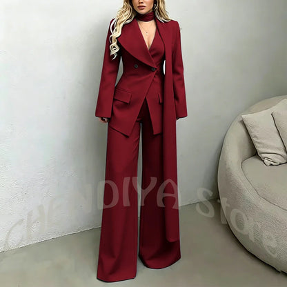 Classic Black Women Suit Set Double Breasted Asymmetrical Blazer Pants with Muffler Formal Office Elegant Two Piece Outfit