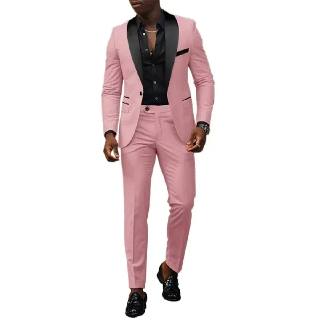 New Men Suits Business Casual Shawl Neck Single Breasted Blazer & Pant 2Pcs Set Men Pink Suit Elegant Man Suit Blazer Sets