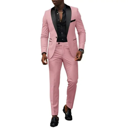 New Men Suits Business Casual Shawl Neck Single Breasted Blazer & Pant 2Pcs Set Men Pink Suit Elegant Man Suit Blazer Sets