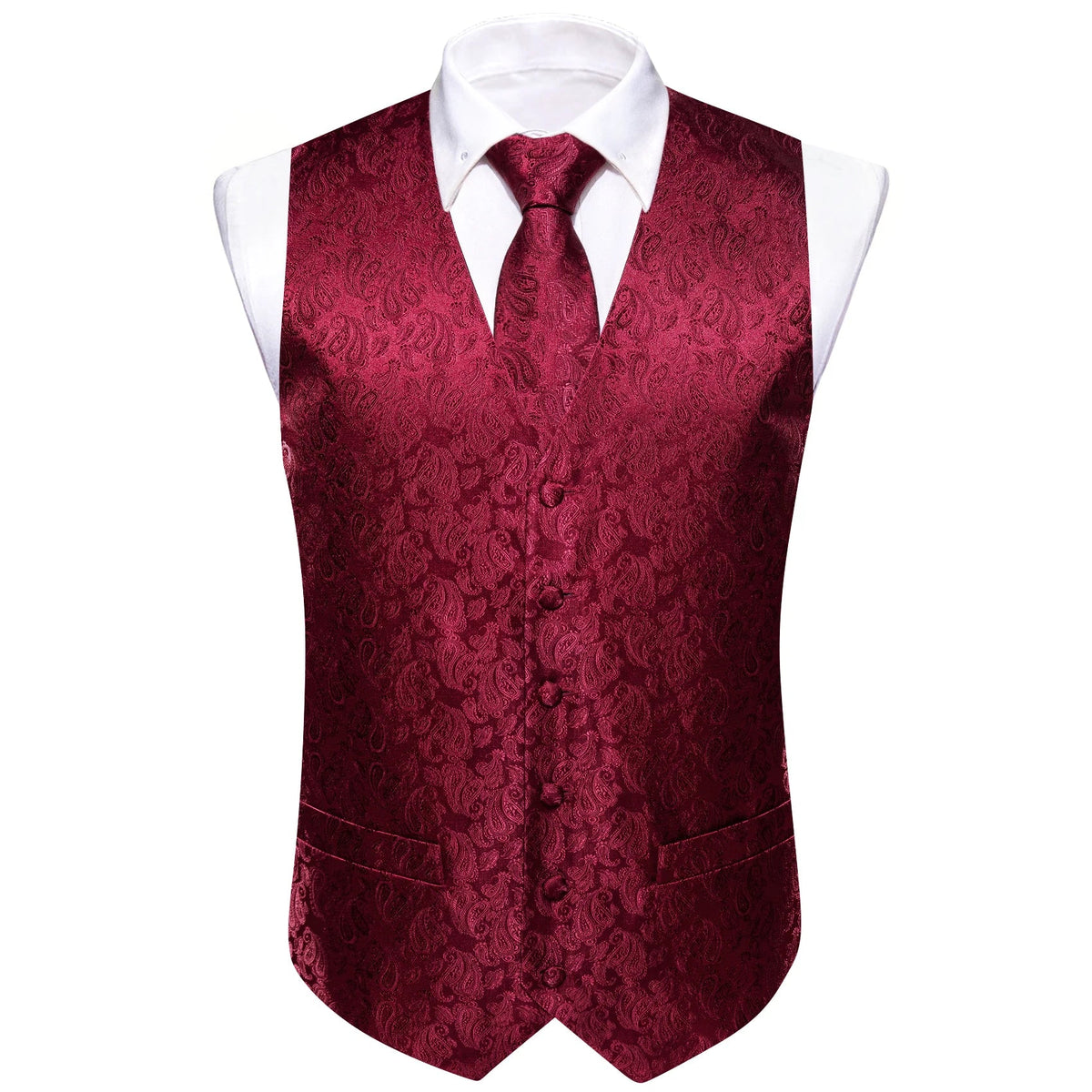 Men's Vest Accessory Kit – Burgundy Paisley V-Neck with Tie, Pocket Square, Cufflinks & Ring for Wedding & Banquet
