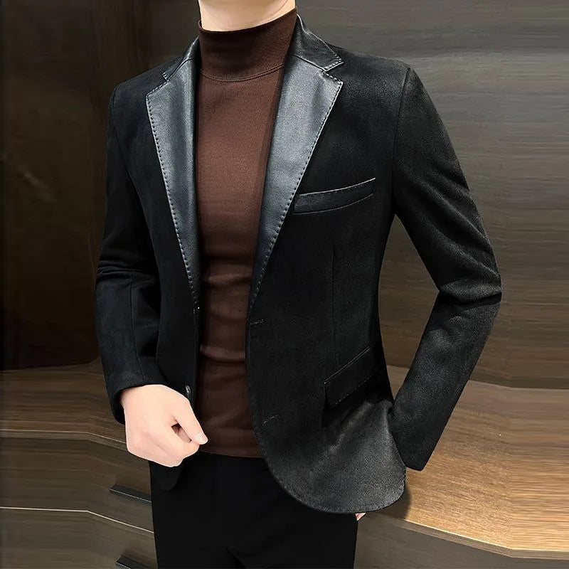 KIDWHXR Men Blazer Vintage Simple Solid Patchwork Male Suit Jacket Slim Single-breasted Long Sleeve Man Casual Outerwear