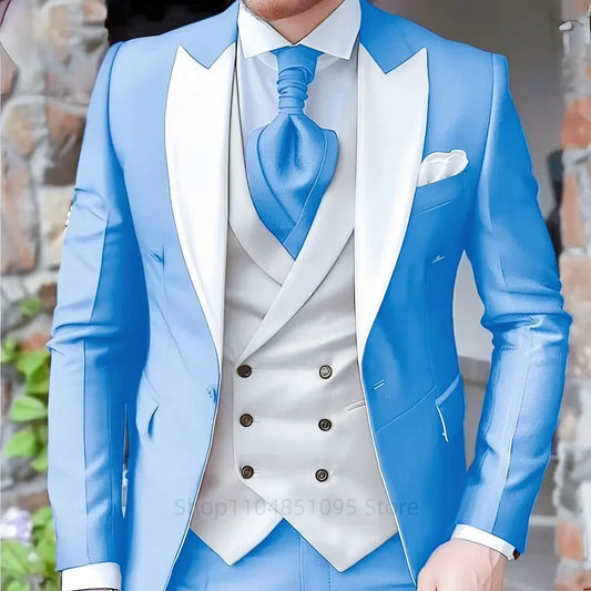 Costume Bleu Homme Élégant Revers Pointus Veste Smoking Marié 3 Pièces Blazer Gilet et Pantalon Ensemble Costume Formel Homme pour Affaires Bal de Fin d'Année