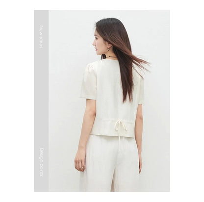 Commute V-Neck Short Sleeve Blazer Top Women 2026 Summer Fashion Color Block Wooden Button Slim Fit Jacket Q62XC7391