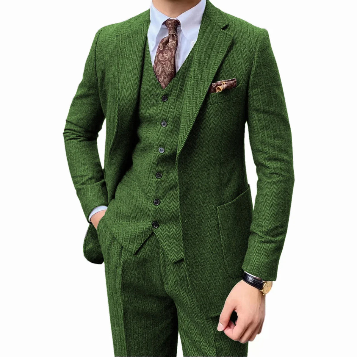 Costume de smoking à chevrons pour hommes, ensemble deux pièces, revers crantés, un bouton, gilet simple boutonnage à chevrons, tissus en laine épaisse