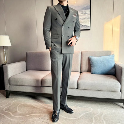 Brand Two-piece Suit for Men British Style Double Breasted Casual Business Suit Blazer Trousers Office Party Prom Wedding Suits