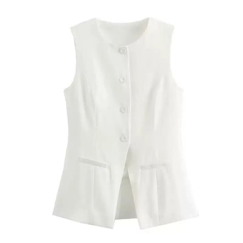 Women’s Vest Button Waistcoat Outwear Sleeveless Round Neck Solid Color Slim Fit Tops Chic  Casual Suit Vest Tops