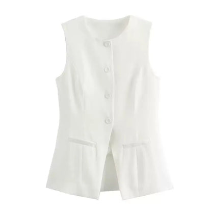 Women’s Vest Button Waistcoat Outwear Sleeveless Round Neck Solid Color Slim Fit Tops Chic  Casual Suit Vest Tops