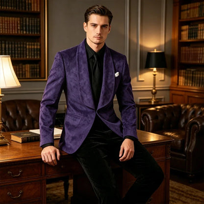 Luxury Men's Faux Suede Blazer Shawl Lapel 1 Button Slim Fit Tuxedo Jacket Business Casual For Wedding Party Prom Suit Coat