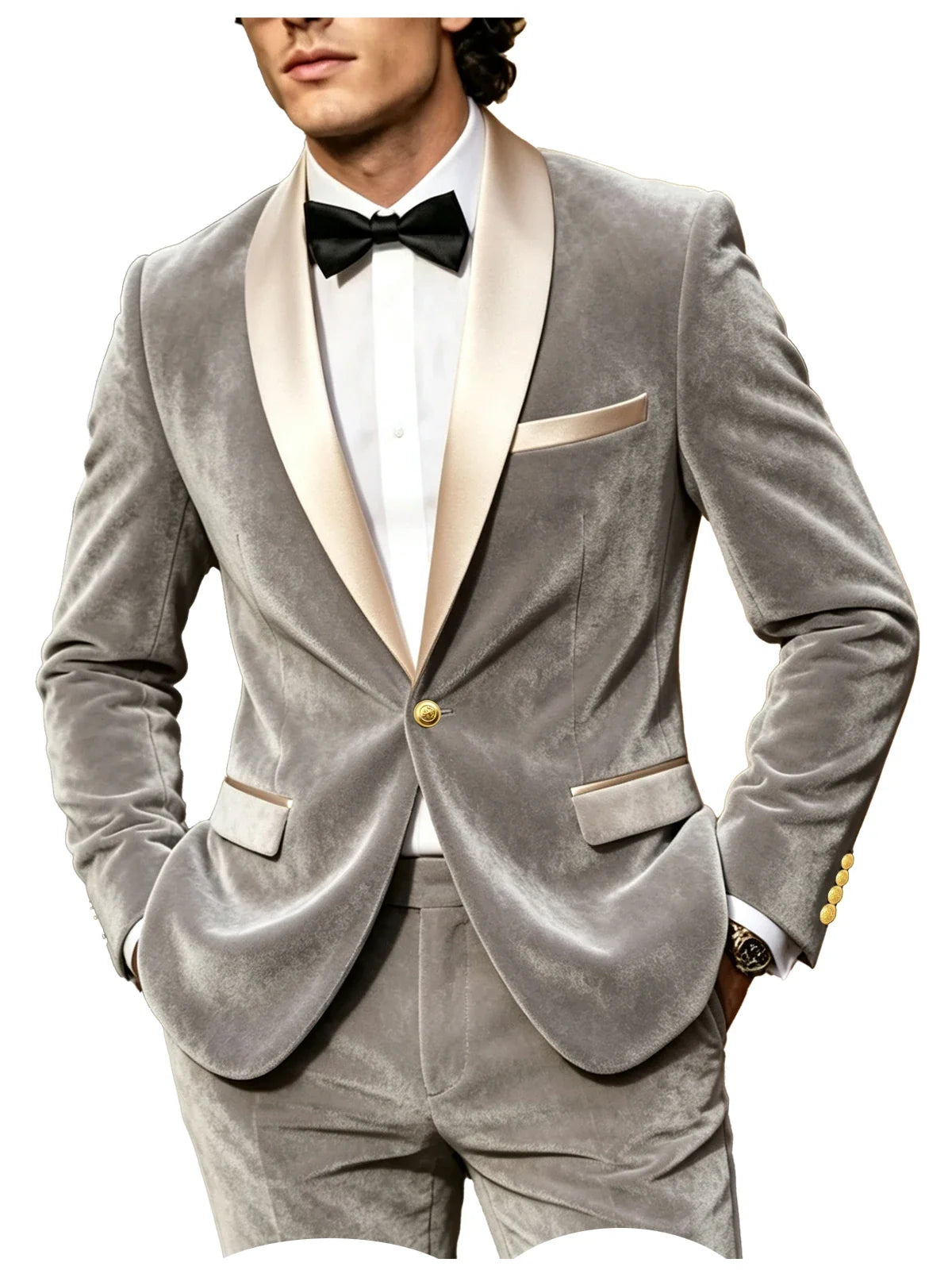 Men Velvet Tuxedo Jacket Champagne Satin Shawl Lapel Slim Fit Blazer Wedding Groom Party Prom Formal Western Dinner Suit Coat