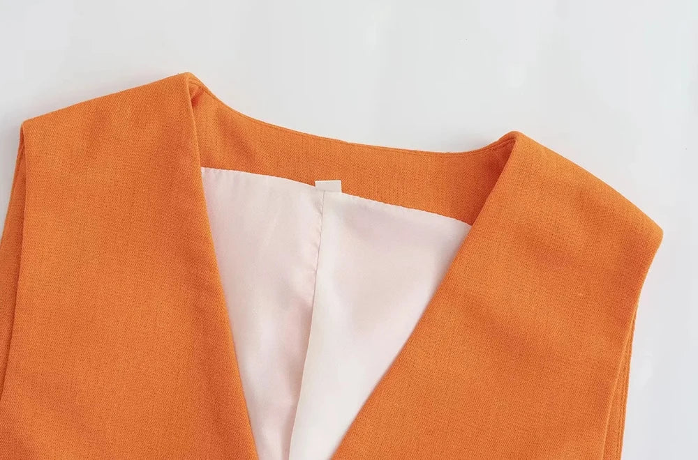 Women Fashion Front Button Linen Blend Waistcoat Vintage V Neck Sleeveless Female Outerwear Chic Vest Tops
