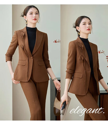 High End Khaki Elegant Fashion Two Piece Set Fashion Women Slim Single Button Blazer And Flare Pant Office Lady Work Wear