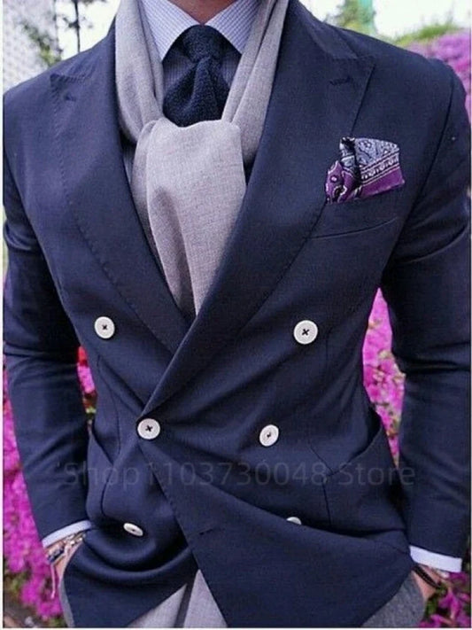 Navy Blue Men's Suit Blazer Prom Party Groom Tuxedos Peak Lapel Double Breasted Formal Bussiness Jacket for WeddingOnly Coat