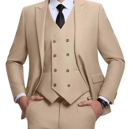 Men's Linen 3-Piece Slim Fit Suit – Blue & Beige | Peak Lapel