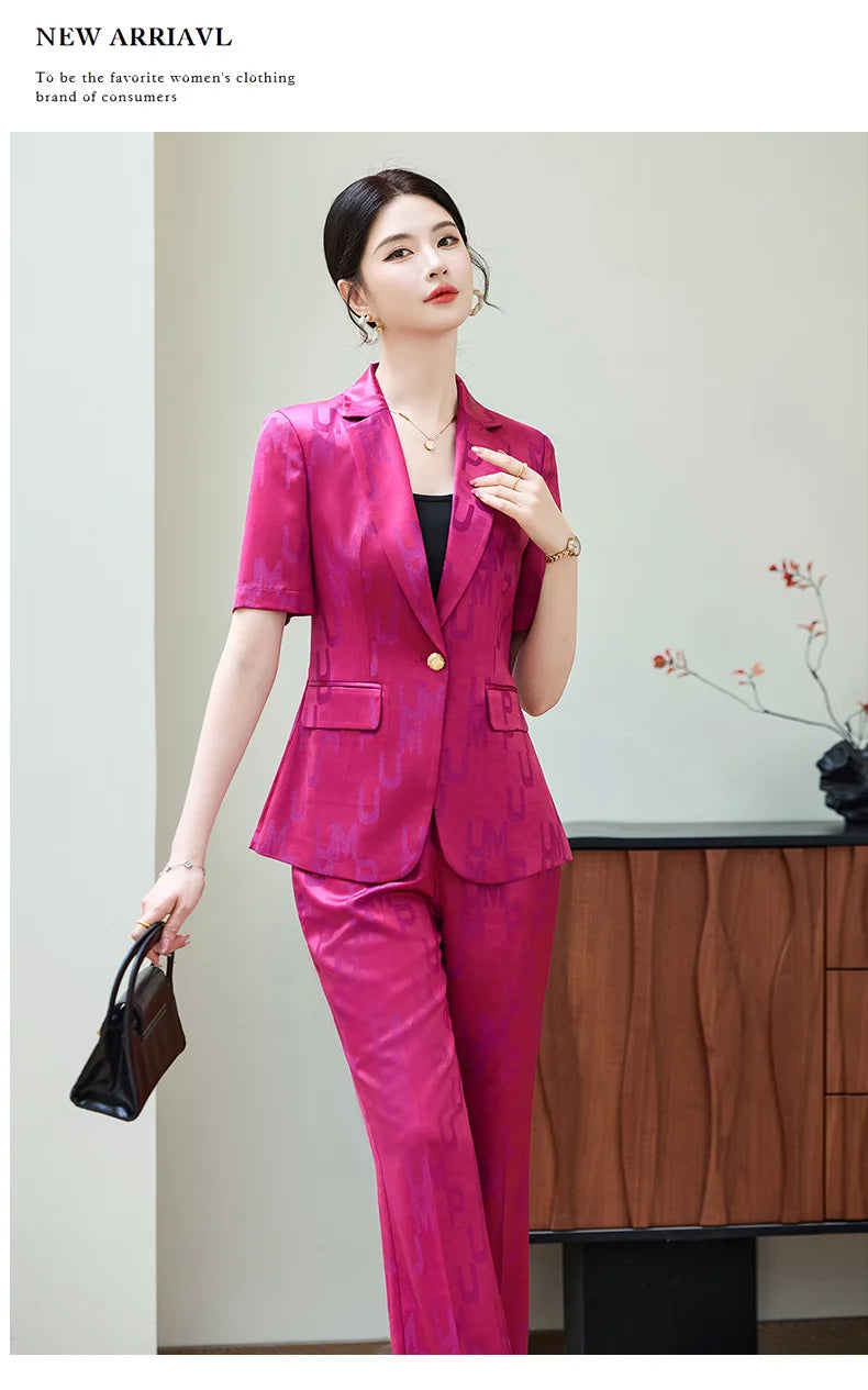 Fashion Letter Print Short Sleeve Professional Suit Women New 2026 Summer Elegant Slim Blazer And Pants Office Ladies Work Wear