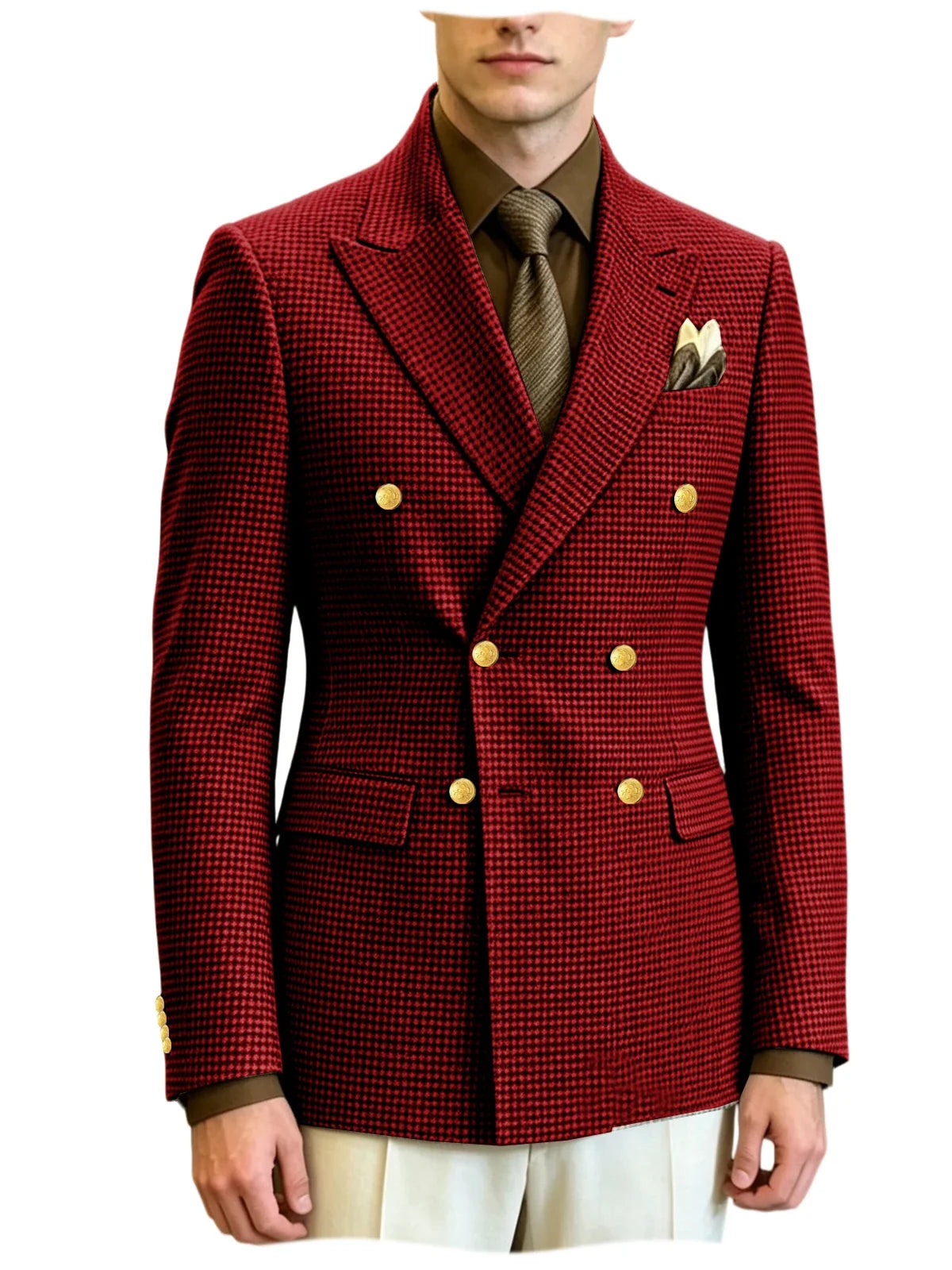 Men's Houndstooth Double Breasted Blazer Vintage Slim Jacket  Fit Formal Business Wedding Party Coat For Men Autumn Winter