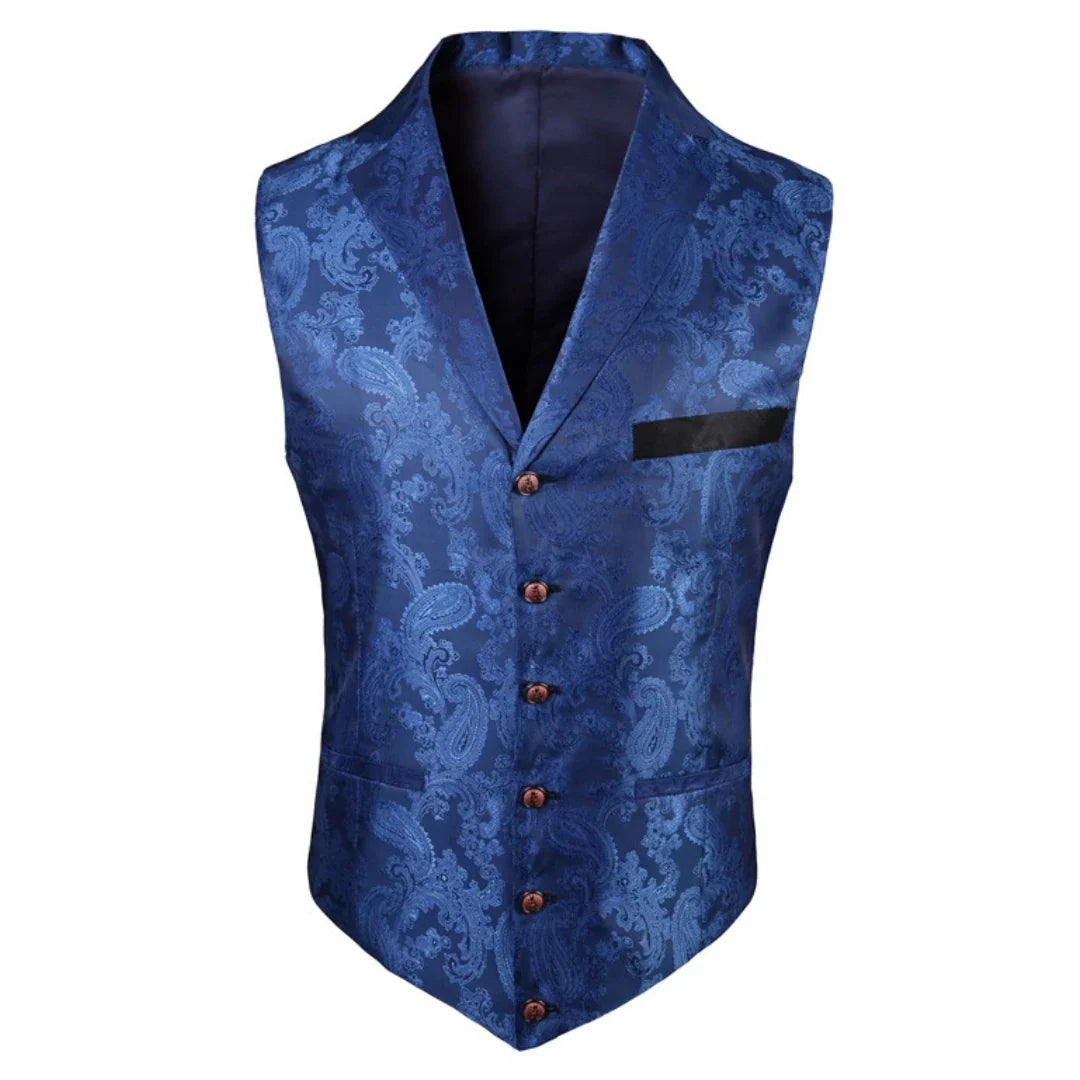 Men's Vest Blue Retro Jacquard Pattern Single Button V-Neck Waistcoat for Wedding & Formal Occasions