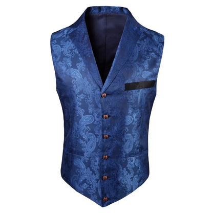 Men's Vest Blue Retro Jacquard Pattern Single Button V-Neck Waistcoat for Wedding & Formal Occasions
