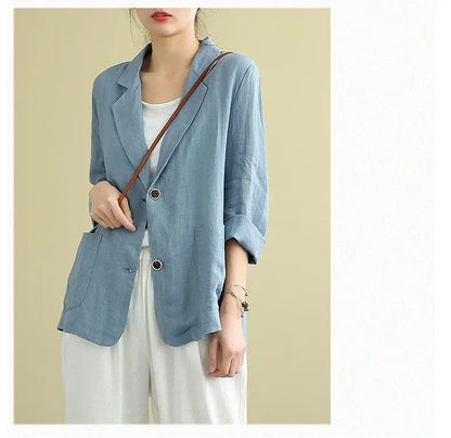 Casual Cotton and Linen Suit Jacket Women 2025 Spring and Summer New Loose solid Long-sleeved Blazer Woman Sunscreen Clothing