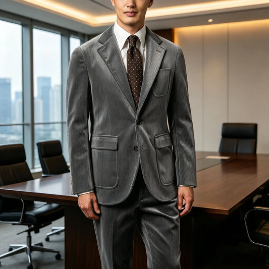 Men's Grey Corduroy 2 Pieces Suit Vintage Notched Lapel Multi-Pocket Jacket Pants Slim Fit Formal Set Business Casual Wedding