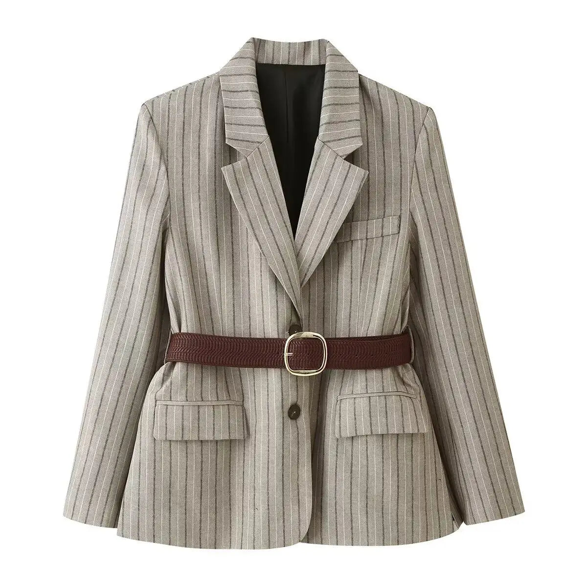 Women Khaki Striped Blazer Jacket Y2k 2000s Vintage Suit Coat European & American Elegant Fashion Belted Twill Blazer Outerwear