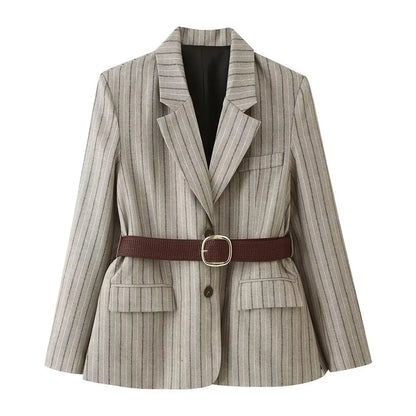 Women Khaki Striped Blazer Jacket Y2k 2000s Vintage Suit Coat European & American Elegant Fashion Belted Twill Blazer Outerwear