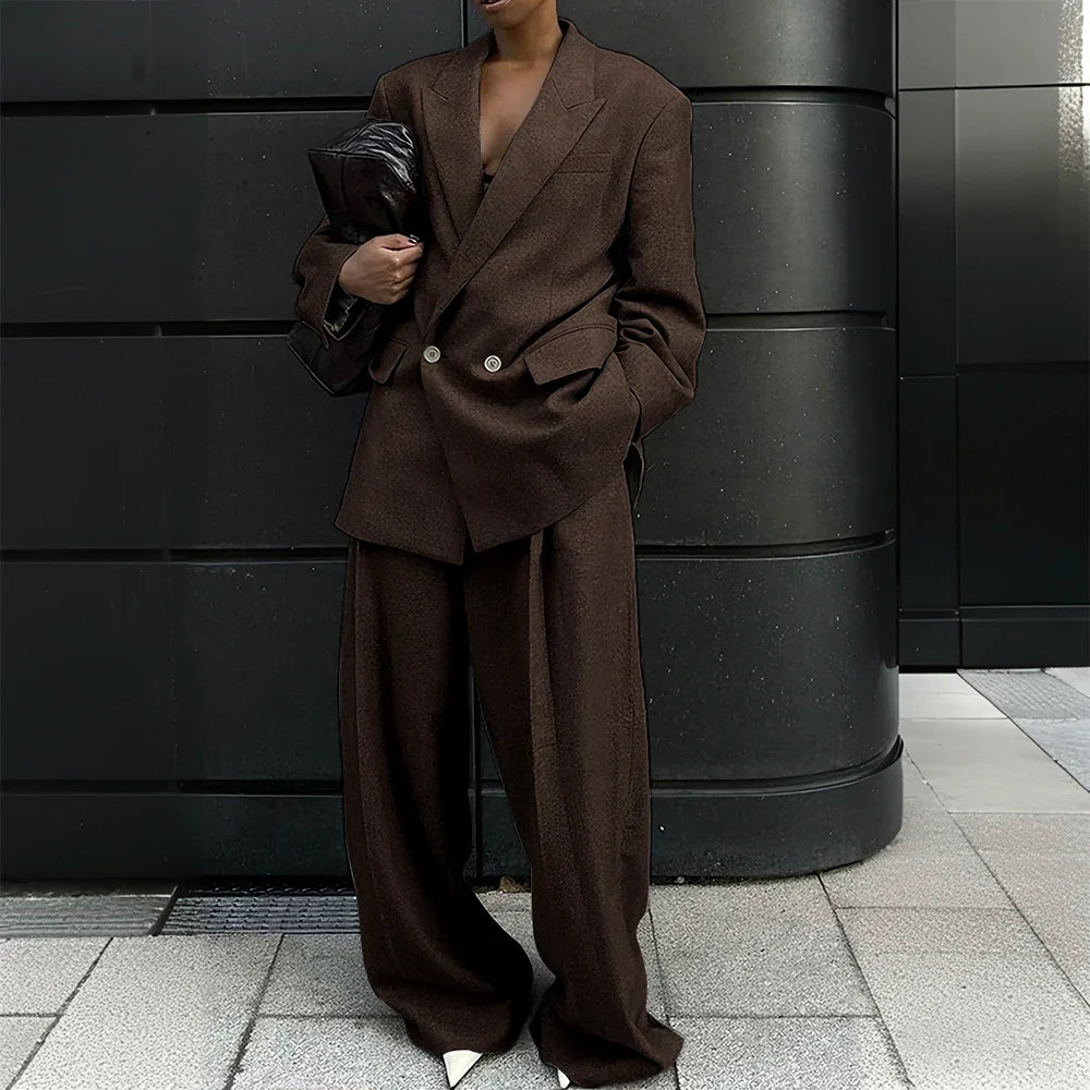 Gray Woolen Office Lady Suit Stretch-comfort Double-breasted Peak-lapel 2Pieces(Jacket+Pants) Casual Oversize Business Women Set