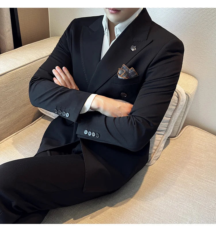 (Blazer + Trousers) Fashion Double Breasted Design Slim Men's Suit Italian Style Luxury Wedding Social Party Tuxedo 2 Piece Set