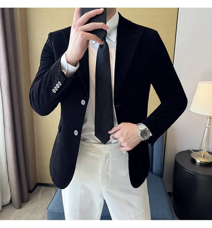 Corduroy Stripe Suit Jacket For Men Autumn Winter Business Slim Fit Tailcoat Formal Wedding Party Fashion Casual Suit Coat 4XL-M