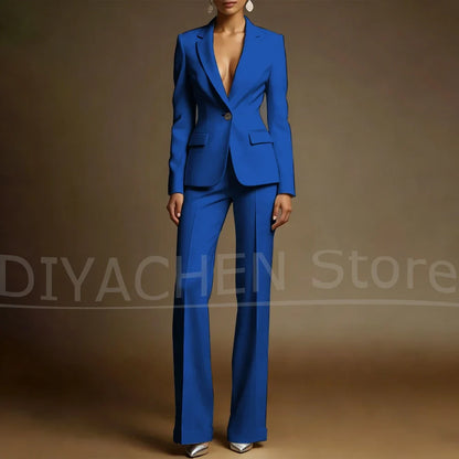 Women's White Suit Set Slim Fit Two Piece Jacket and Wide Leg Pants Office Casual Formal Occasions Elegant Female Outfit