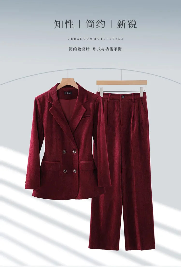 Pleuche Women Suits Office Sets 2024 Autumn New Fashion Notched Double Breasted Blazers Vintage Casual Wide Leg Pants Suits