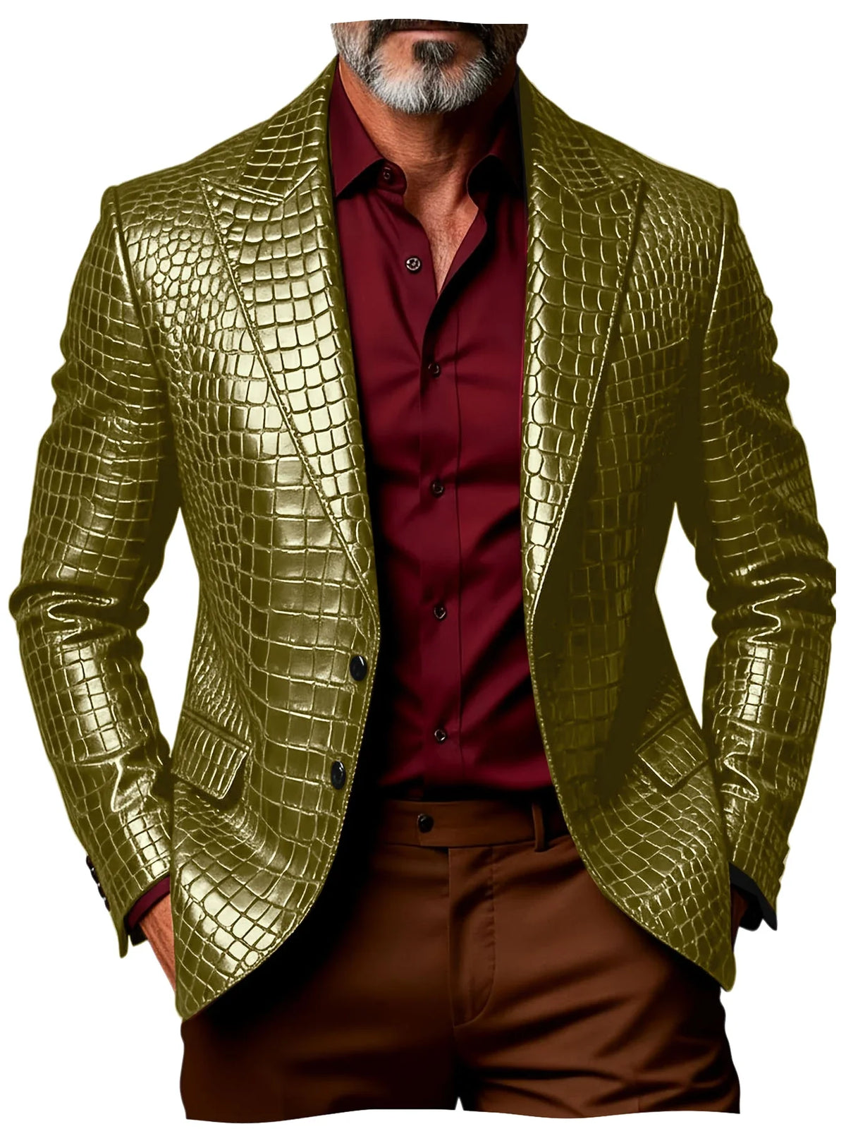 Luxury Men's Crocodile Pattern PU Leather Blazer Notch Lapel Single-Breasted 2 Button Slim Fit Jacket Business Casual for Man