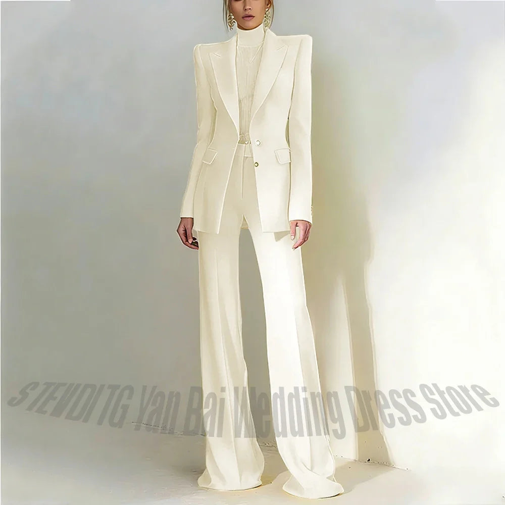 Women Pant Suit 2 Piece Set Office Female Business Work Formal Jacket Trouser One Button Chic Yellow Peaked Lapel Elegant Suit