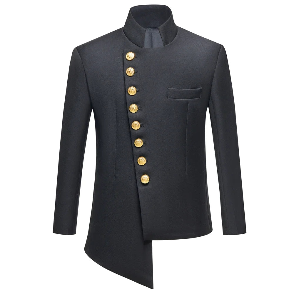 Boys Suit Set Mandarin Collar Tuxedo with Gold Buttons for Weddings and Formal Occasions