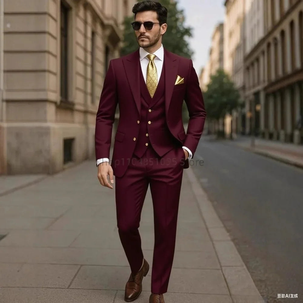 Costume de mariage formel trois pièces pour homme, avec revers crantés, veste unie, gilet et pantalon, pour soirée de bal, décontracté ou affaires