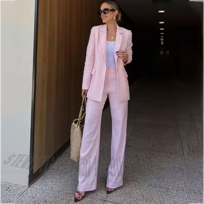 Light Pink Women's Suit Set 2 Piece Classic Notched Lapel Single Button High Quality Office Lady Formal Occasion Female Outfit