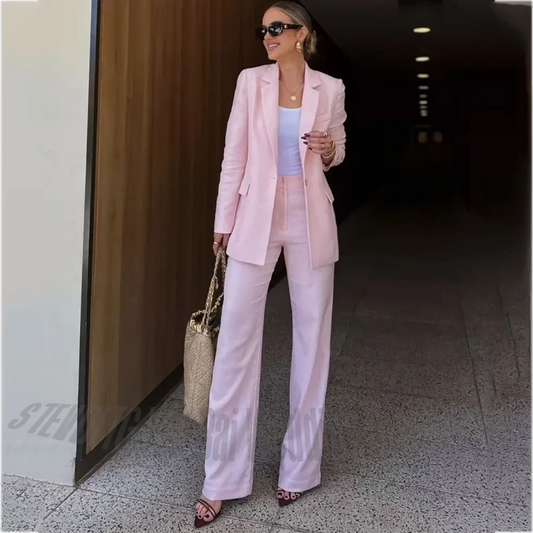 Light Pink Women's Suit Set 2 Piece Classic Notched Lapel Single Button High Quality Office Lady Formal Occasion Female Outfit