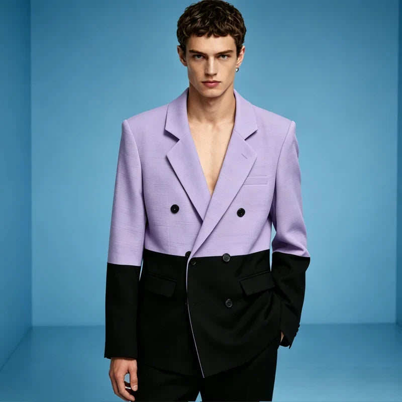 Men's Linen Color Block Blazer Double Breasted Notch Lapel Lightweight summer Sport Coat Fashion Jacket for Party & Streetwear