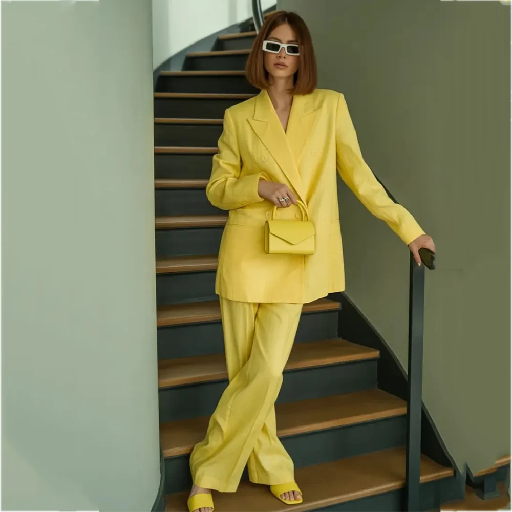 New Arrival Yellow Suits For Women Classic Double Breasted Peak Lapel Loose Fit Fashion Trendy Casual Outfits Two Pieces