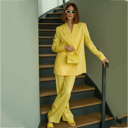 New Arrival Yellow Suits For Women Classic Double Breasted Peak Lapel Loose Fit Fashion Trendy Casual Outfits Two Pieces