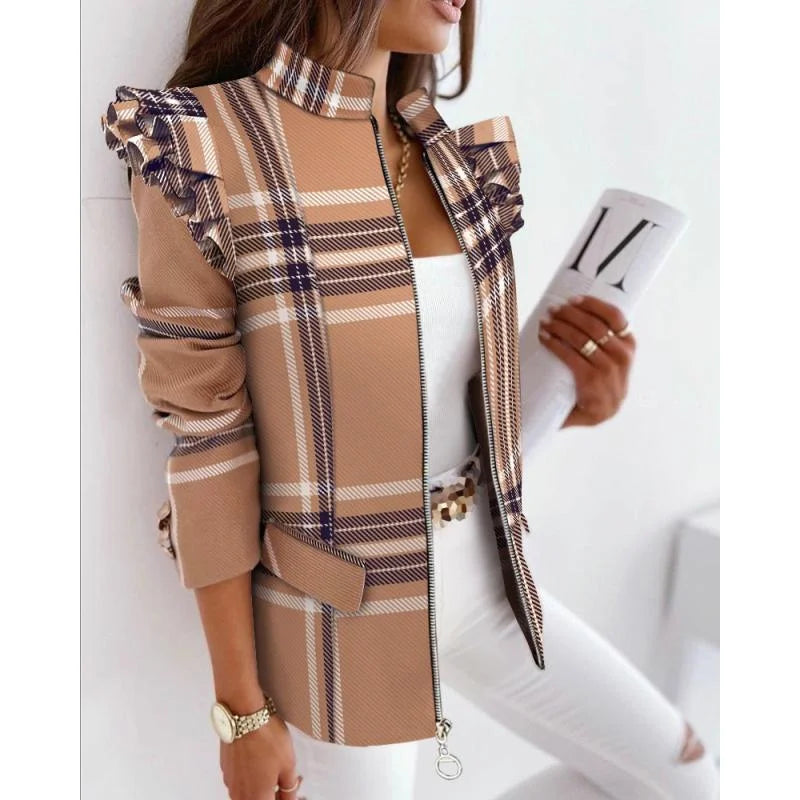 Autumn Winter Long Sleeve Print Blouse Women's Slim Fit Suit Jacket with Lace Hem Zipper Closure Fashionable Elegant Style