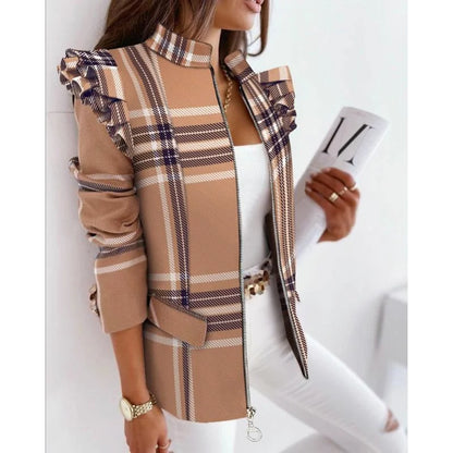 Autumn Winter Long Sleeve Print Blouse Women's Slim Fit Suit Jacket with Lace Hem Zipper Closure Fashionable Elegant Style