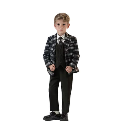 Flower Boys Wedding Outfit Boys Plaid Suit Autumn Winter Blazers Jacket Trousers Set Kids Piano Performance Tuxedo