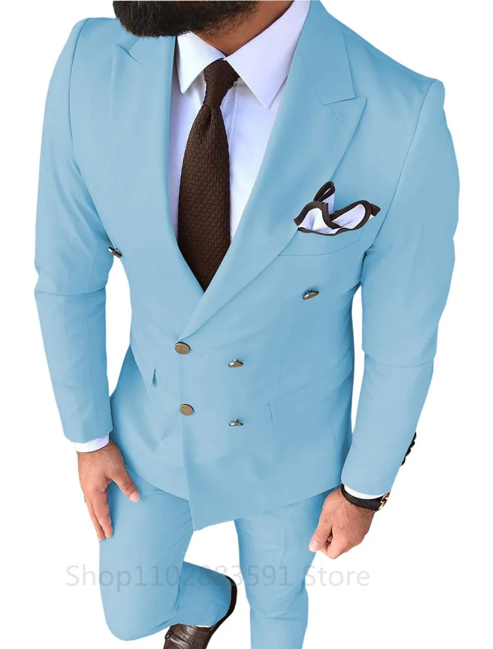 New Solid Men's Suit 2 Pieces Double-breasted Peak Lapel Slim Fit Casual Tuxedos For Wedding/Business 2 Piece Blazer+Pant