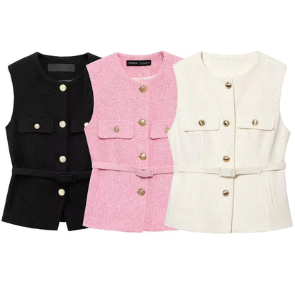 2025 Women's Vest Jackets Cropped Sleeveless Vest Woman Outerwears Belt Summer Casual Coats Black Pink Vest Button Jacket
